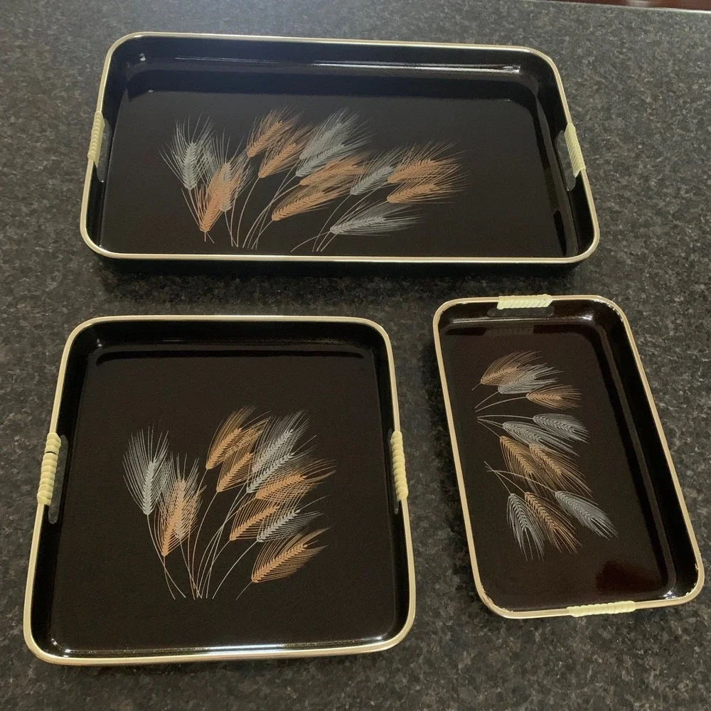 Vintage Japan Nesting Tray Set Wheat Design – 3 Serving Trays‎ w/ Handles Brown
